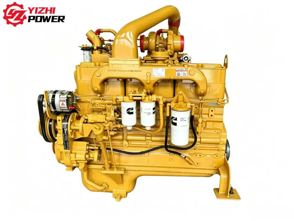 Cummins NT855 engine assembly side view showcasing fuel filters and alternator by YiZhi Power