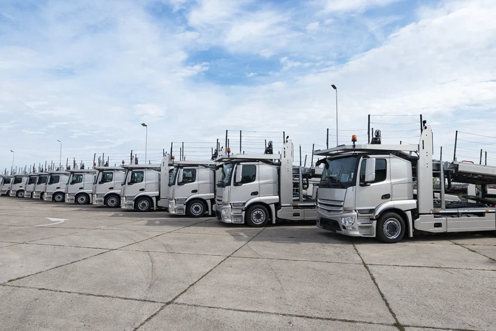 commercial truck fleet powered by diesel engines for trucks in logistics yard