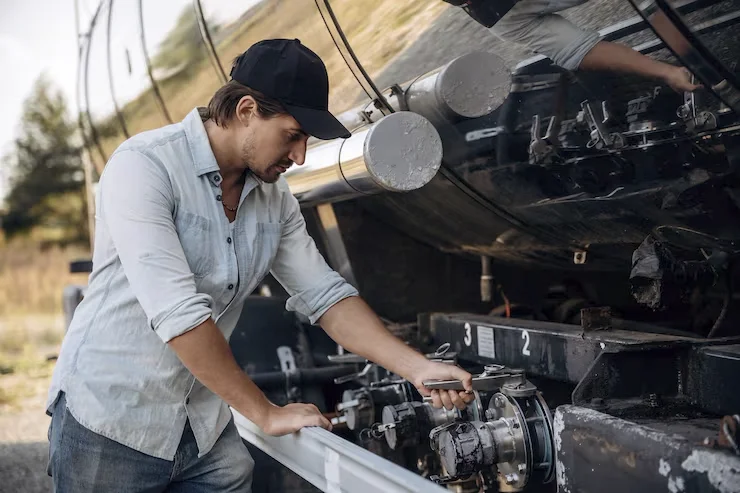 mechanic inspecting truck cooling system during diesel engine troubleshooting