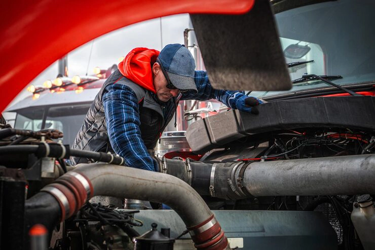 technician performing diesel engine troubleshooting inspection on heavy-duty truck engine