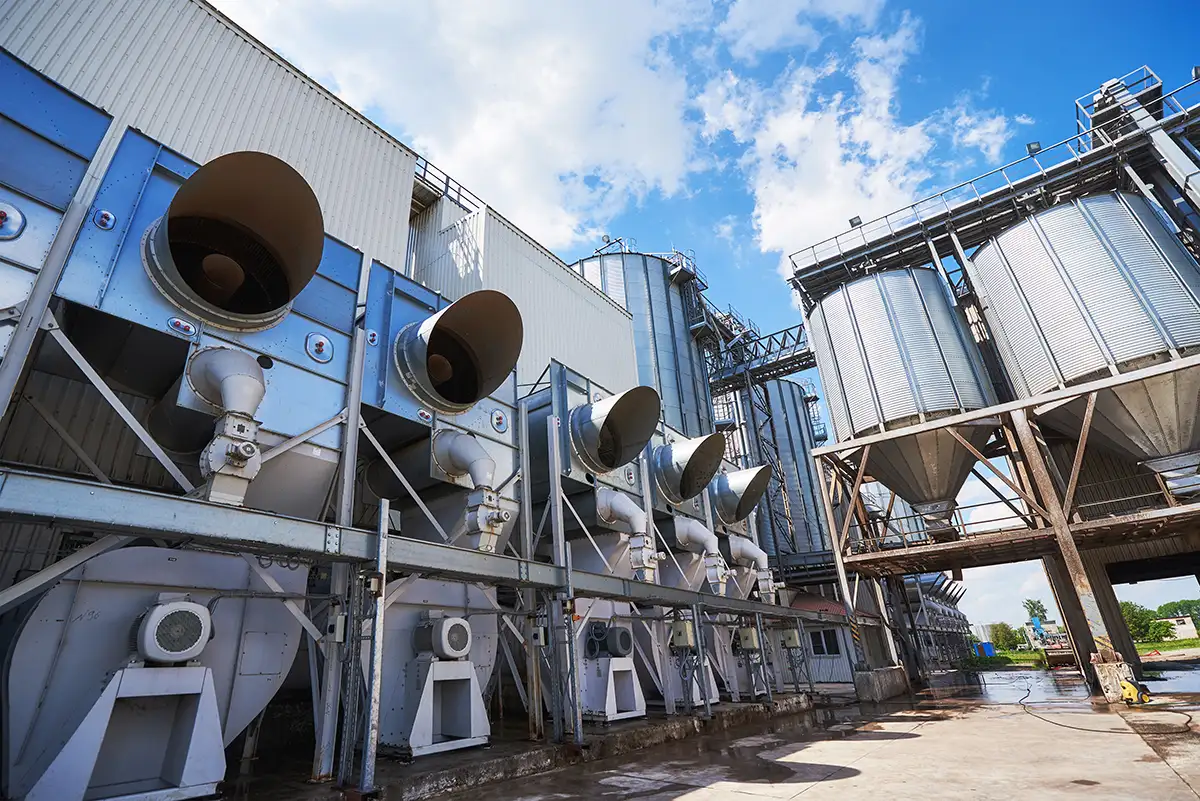 industrial generator engines powering ventilation and processing systems in industrial plant