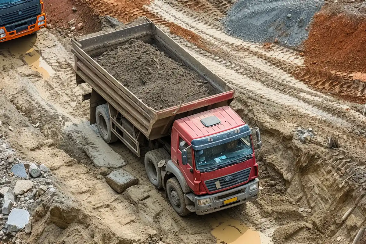 dump truck engine carrying heavy load of construction materials