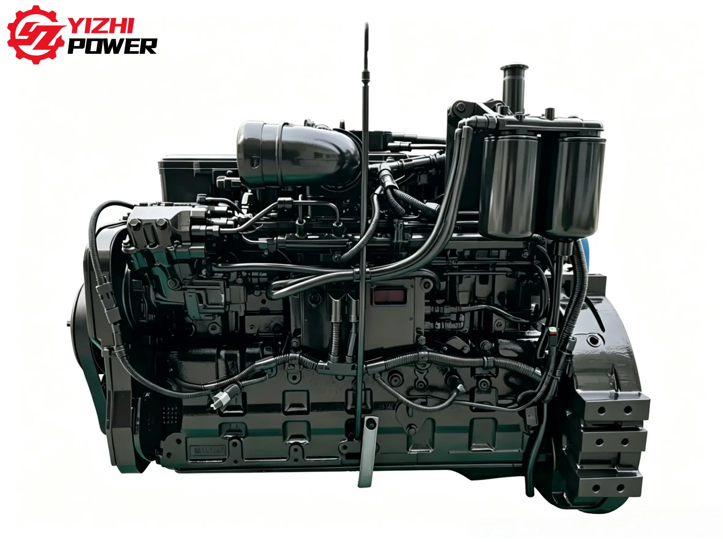 6D114-3 engine assembly side view with complete diesel fuel and cooling systems