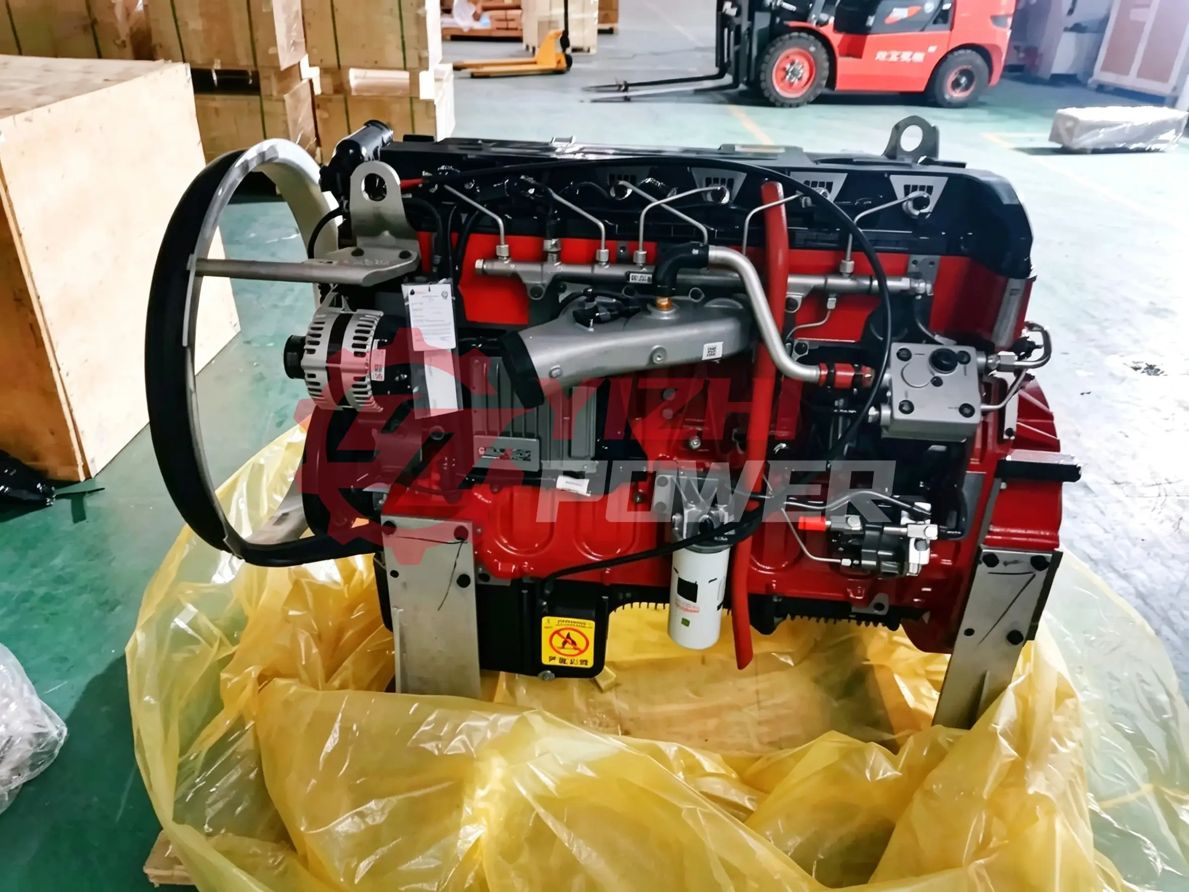 Cummins ISG engine assembly prepared for international shipment