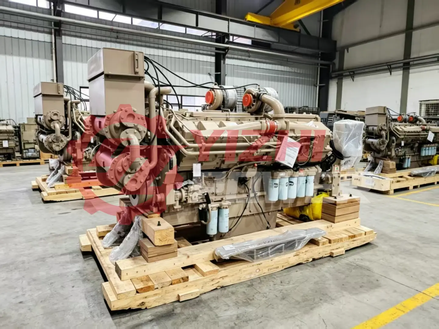 Heavy duty Cummins K50 diesel engines lined up in factory for wholesale distribution.