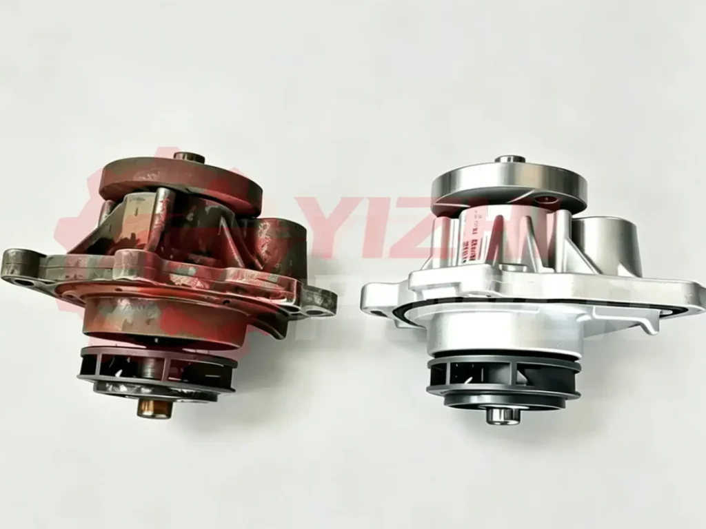 Old and new Cummins engine water pump comparison, showing replacement parts for diesel engine cooling system maintenance