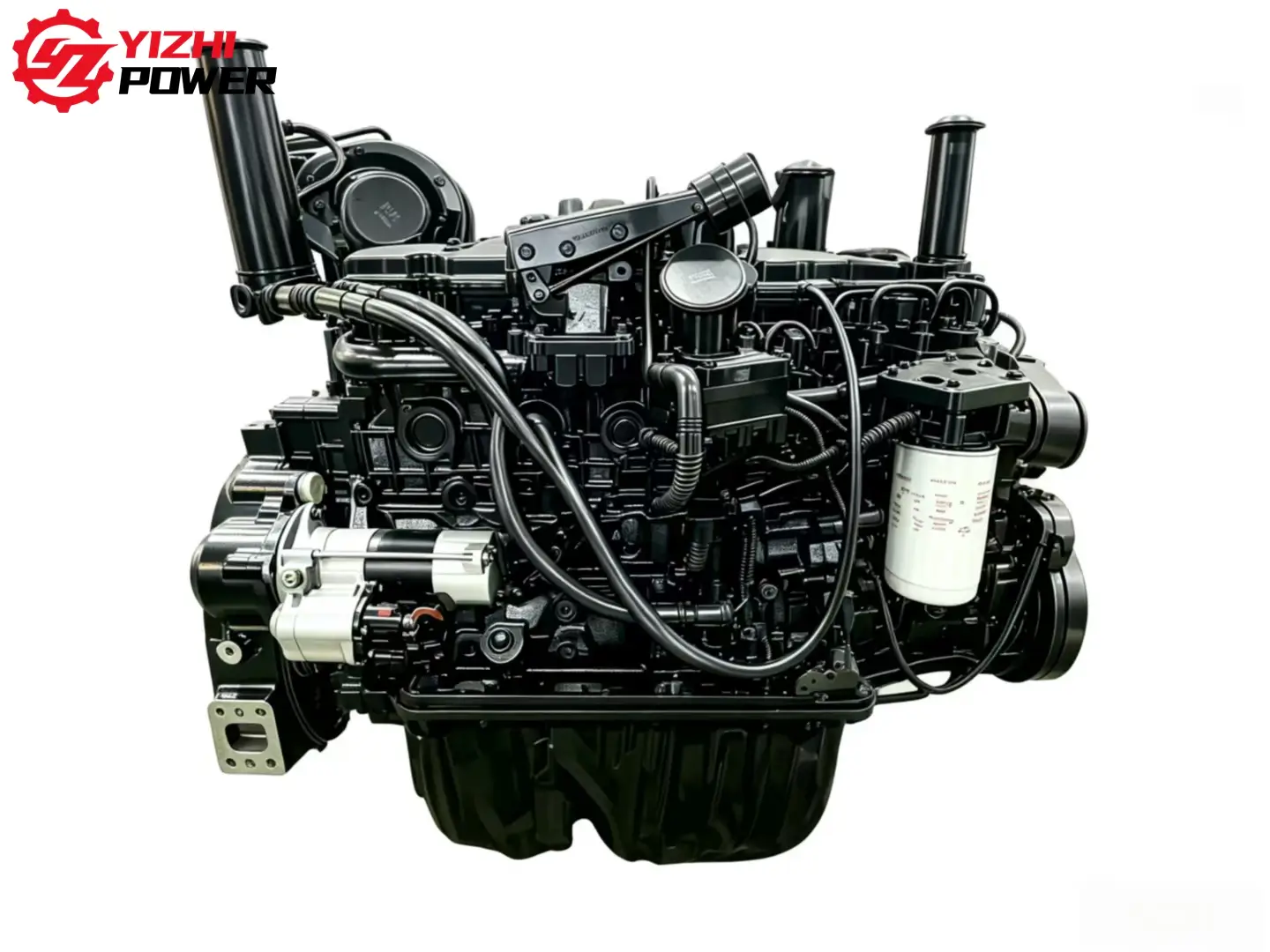 Brand new Komatsu 6D107E-1 engine assembly with starter motor and fuel filter