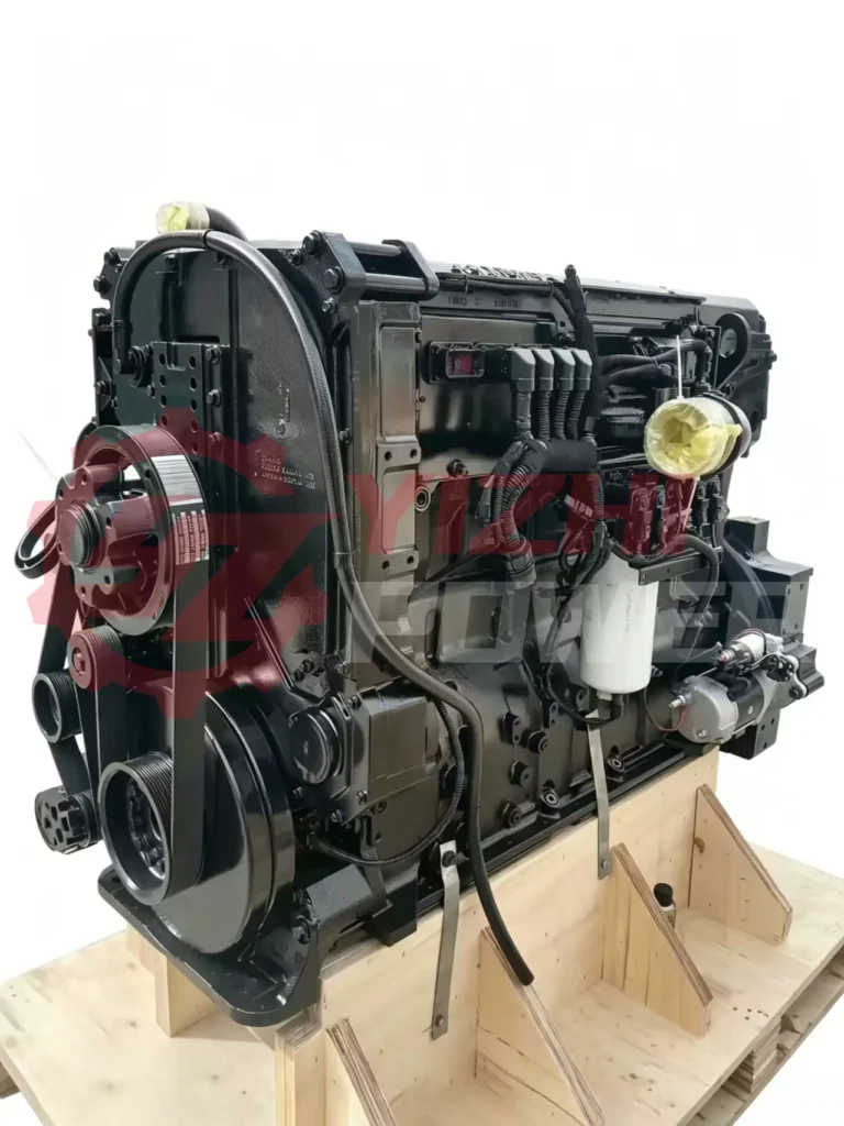 Front-side perspective of the X15 Cummins engine emphasizing the serpentine belt drive and front gear housing assembly.