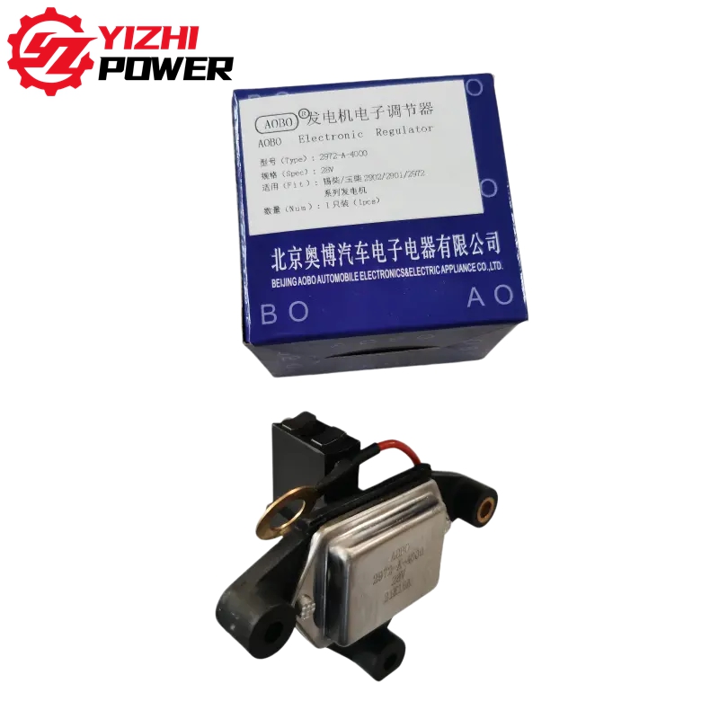 Logo YIZHI POWER, avec un encadré bleu portant la mention ' Electronic Regulator ' et, en dessous, un composant de régulateur automobile.
