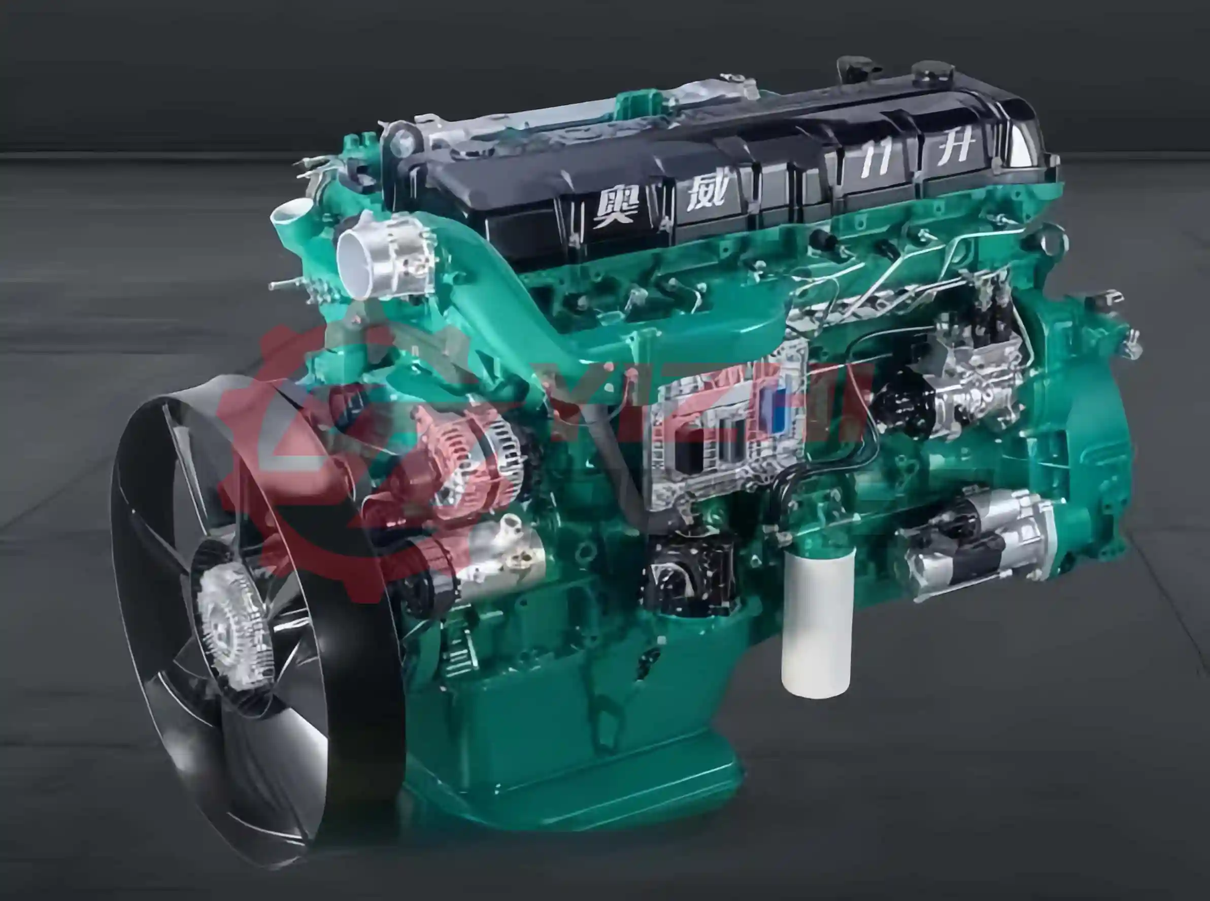 Cutaway view of a car engine showing exposed internal components such as cylinders, wiring, and a metallic housing on a green block.",