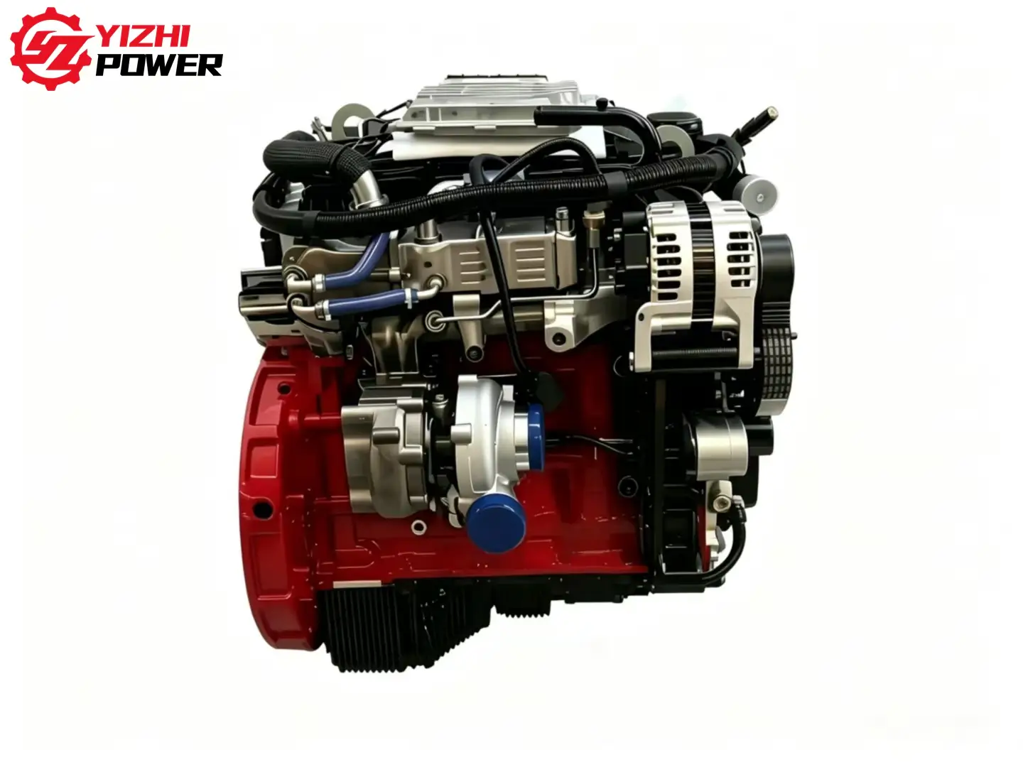 Automotive engine block with a red lower housing and exposed silver components, branded YIZHI POWER