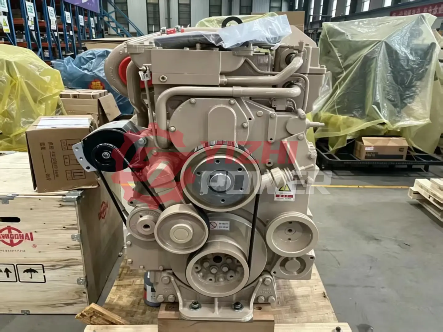 YiZhi Power Cummins K19 heavy duty engine assembly front view with accessory pulley system