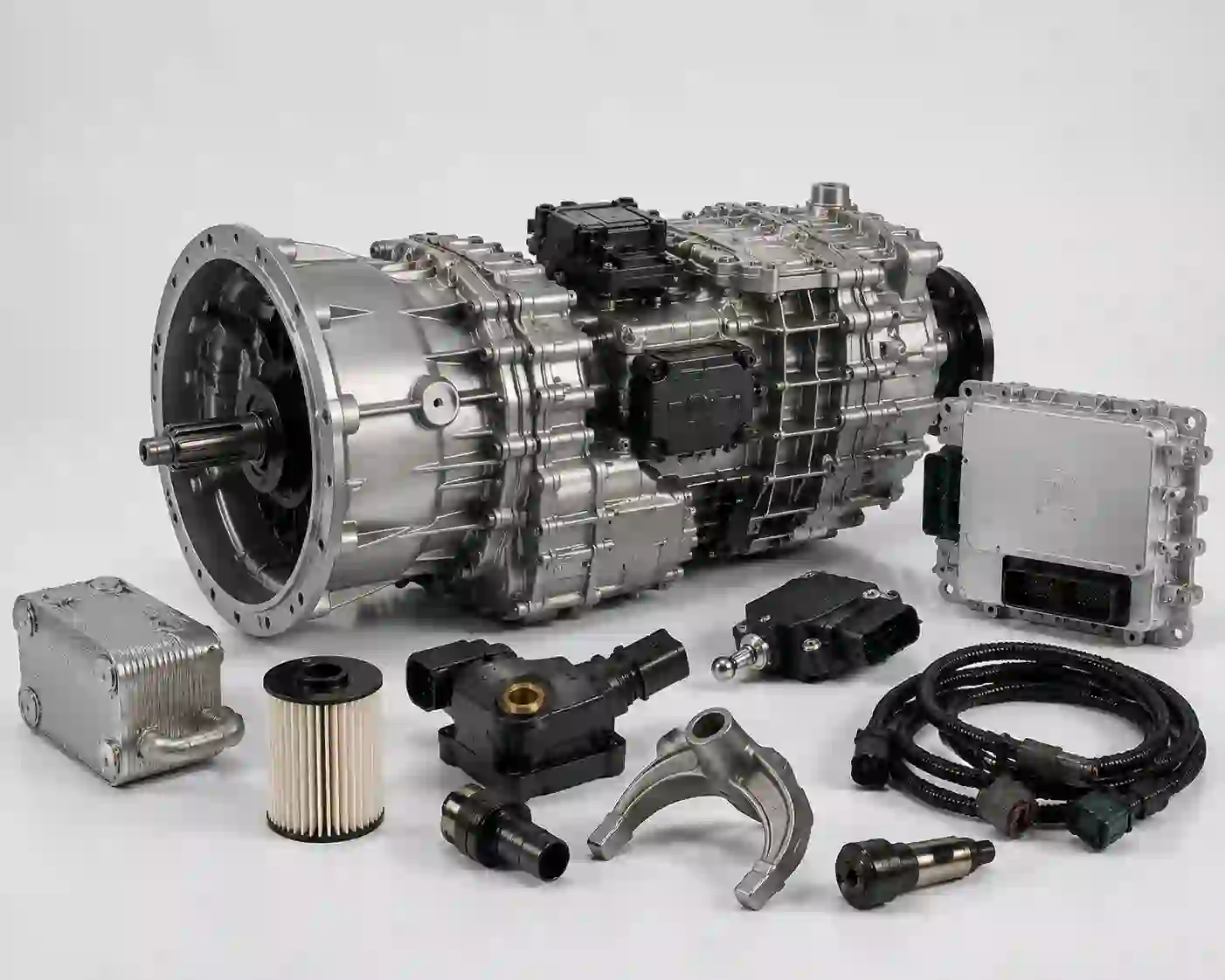 ZF gearbox parts including transmission assembly, control unit, sensors and spare parts