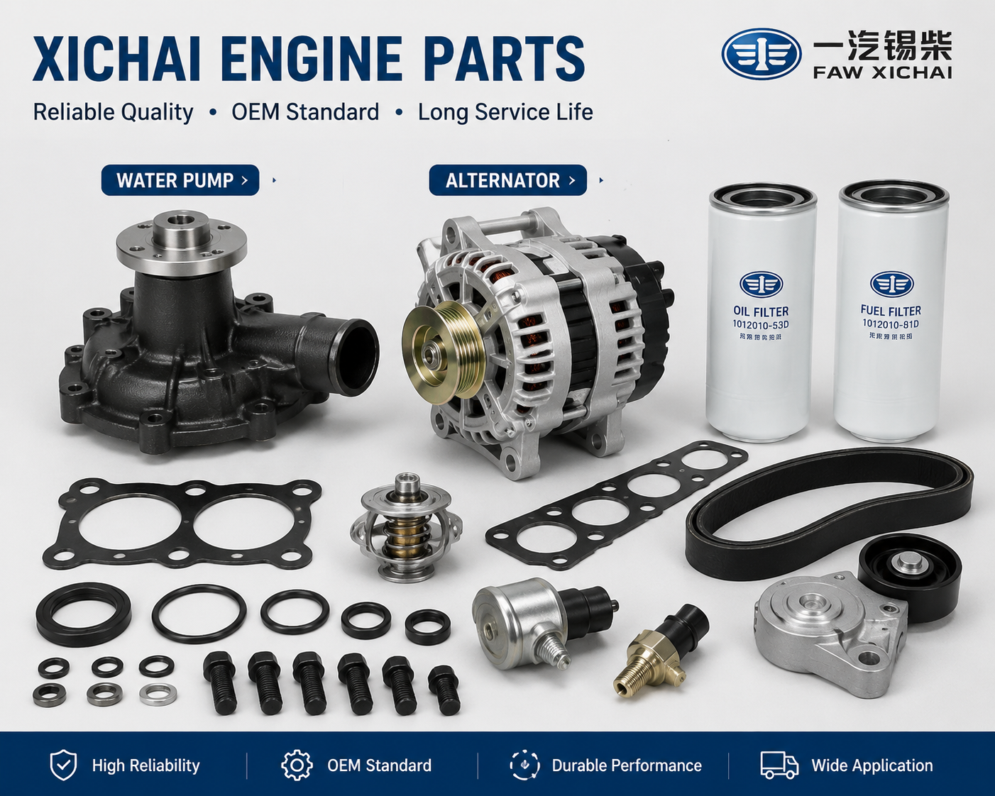 FAW Xichai engine parts including water pump and alternator for diesel engine maintenance and repair