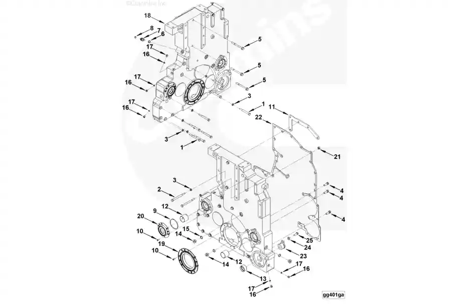 Cummins K19 Gear Cover 3090327 exploded view with related engine components