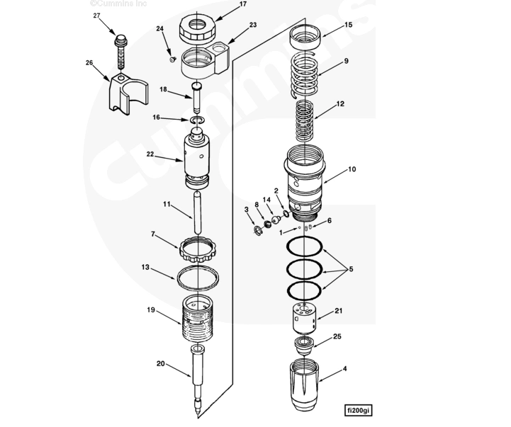 Exploded view of Cummins L10 Injector 3074250 and related components